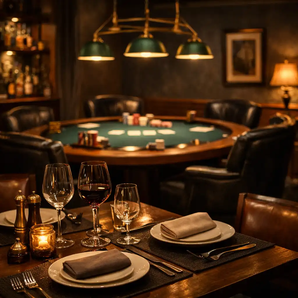Hangulatos bistro belső tér, háttérben poker asztallal, meleg bronz és sötét tónusokkal