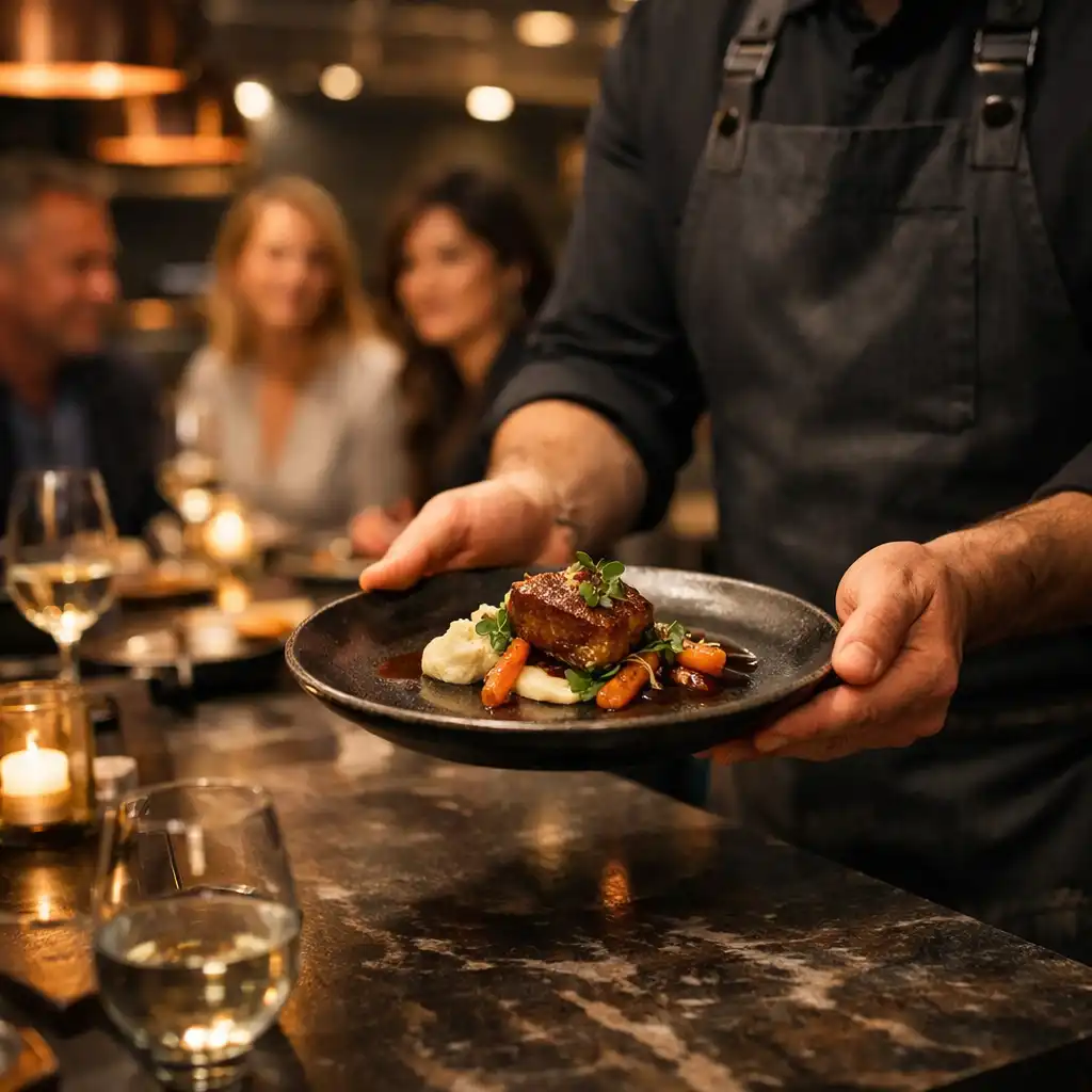 Chef's Table élmény a Falatstudio konyhájában, séf tálal egy exkluzív fogást