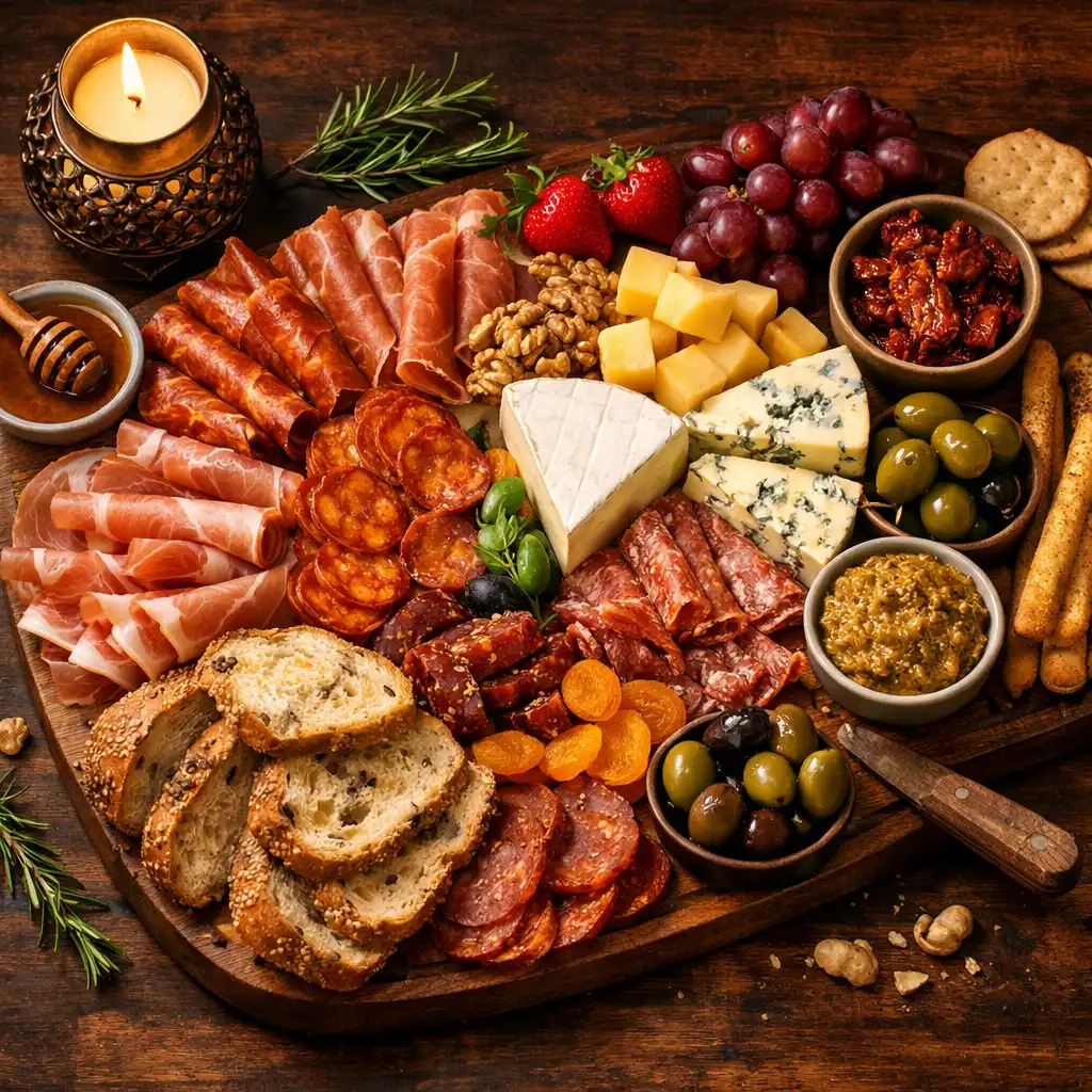 Gazdag charcuterie-tál felvágottakkal, sajtokkal és kézműves kenyérrel