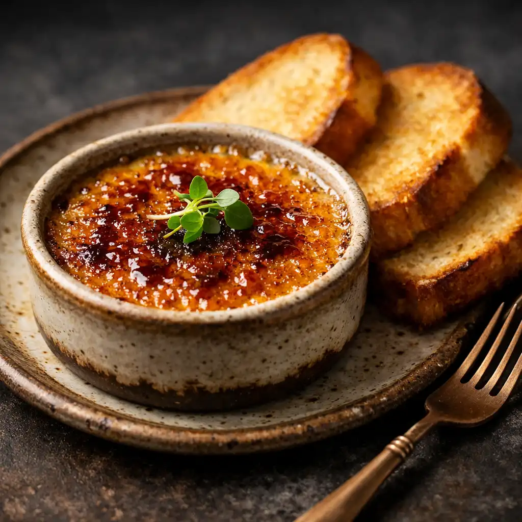 Kacsamáj brûlée pirított brióssal, karamellizált tetejével